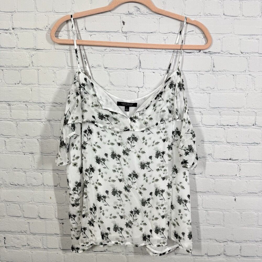 Lucky Brand Floral Fairy Blouse Women Size Large Cold Shoulder Sheer Top